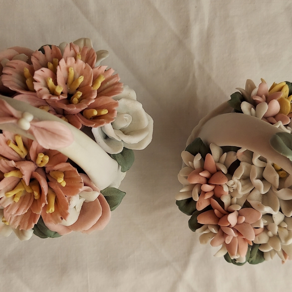 Vintage Small Ceramic Baskets (2) Delicate Colorful Flowers, Handle, Decorative - Picture 9 of 12